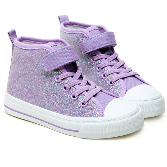 Little Girls Kids Canvas Shoes Glitter Sneakers Toddler Sparkle Lace Up High Top Hook and Loop Straps Velcro Non Slip Lightweight Purple Size 2