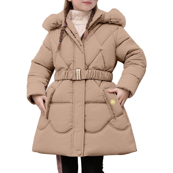 Little Girls Kids Jackets Detachable Hooded Zip Up Solid Color With Belt Winter Casual Outerwear Coat Kids Size 5-6T