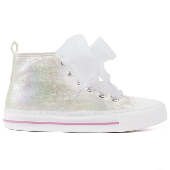 Little Girls Kids Sneakers Bowknot Pearl Ribbon Canvas Shoes Glitter Walking Shoes Toddler Sparkle Lace Up Glimmer Lightweight High Top White Size 8