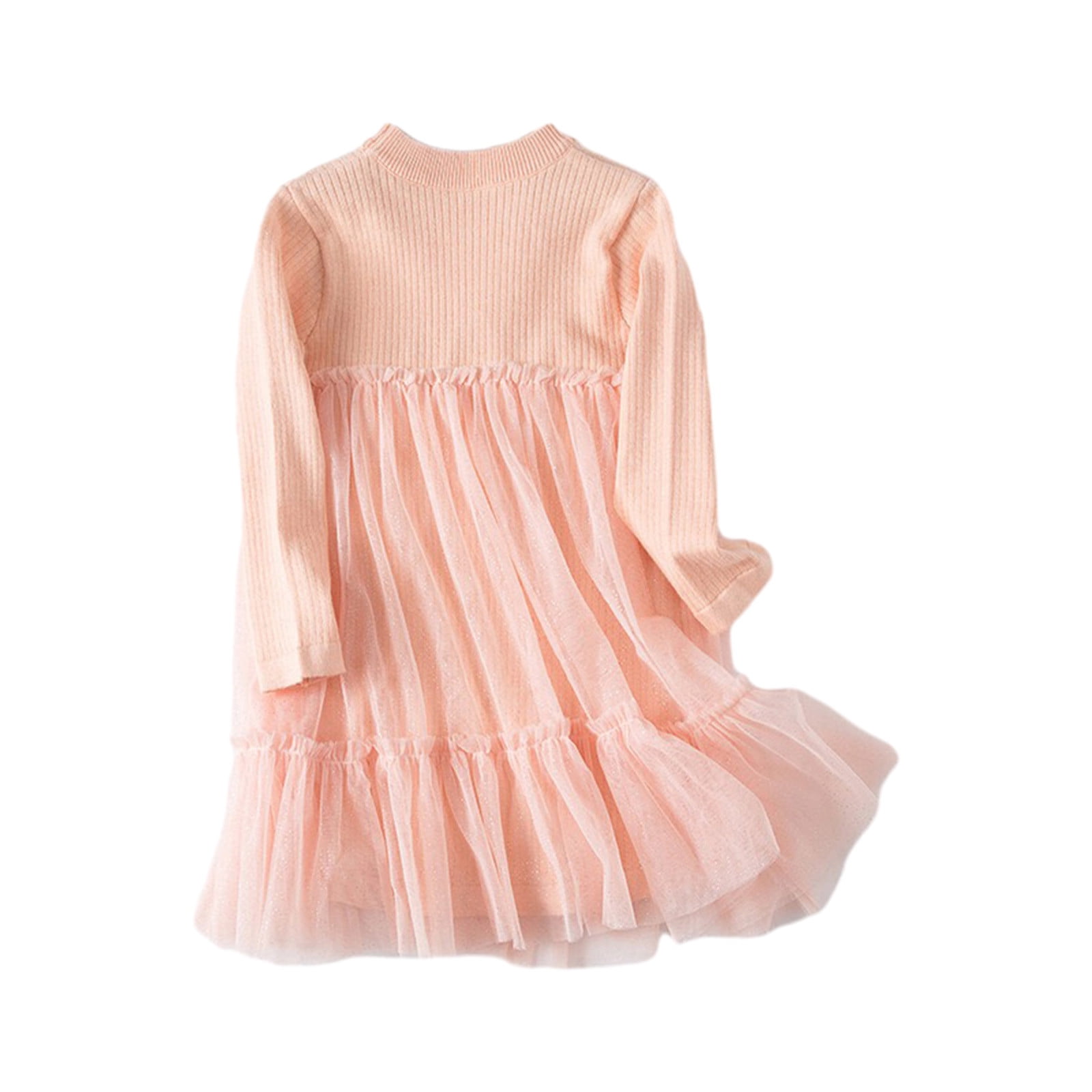 Little Girls Knit Dresses Long Sleeve Dressy Sundress Solid Color Mesh Patchwork Tulle Dress