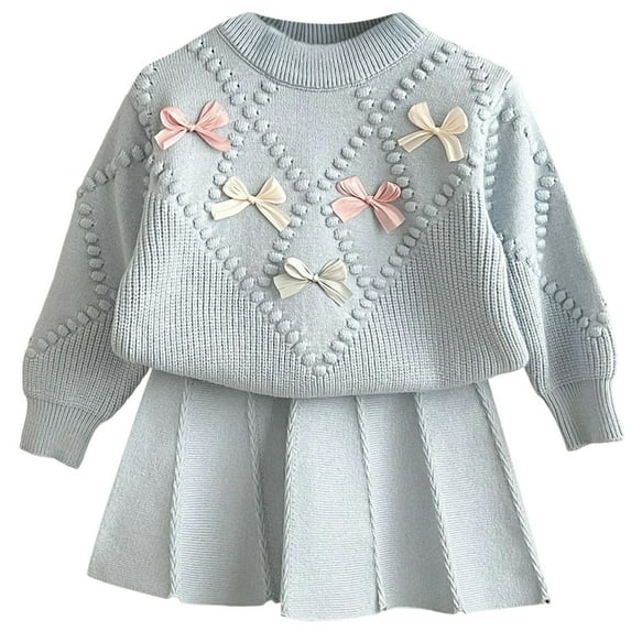 Little Girls Knit Sweater Set Winter Outfits Kids Soft Casual Dress With Bow Embroidery Elegant Two Piece Clothing Blue Size 6-7T