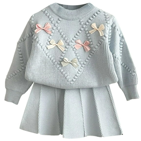 Little Girls Knit Sweater Set Winter Outfits Kids Soft Casual Dress With Bow Embroidery Elegant Two Piece Clothing Blue Size 6-7T
