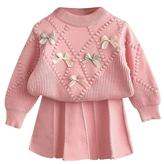 Little Girls Knit Sweater Set Winter Outfits Kids Soft Casual Dress With Bow Embroidery Elegant Two Piece Clothing Red Size 6-7T
