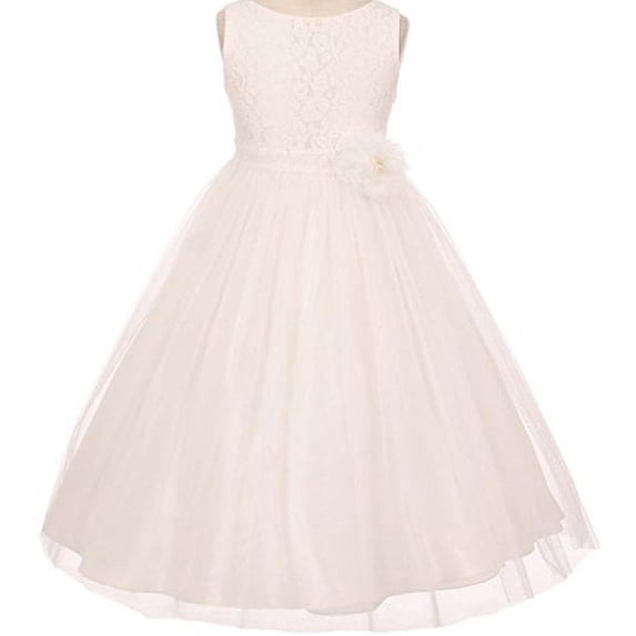 Little Girls Lace Detailing Overlay Tulle Flowers Girls Dresses Ivory 2 (M3B4K6)