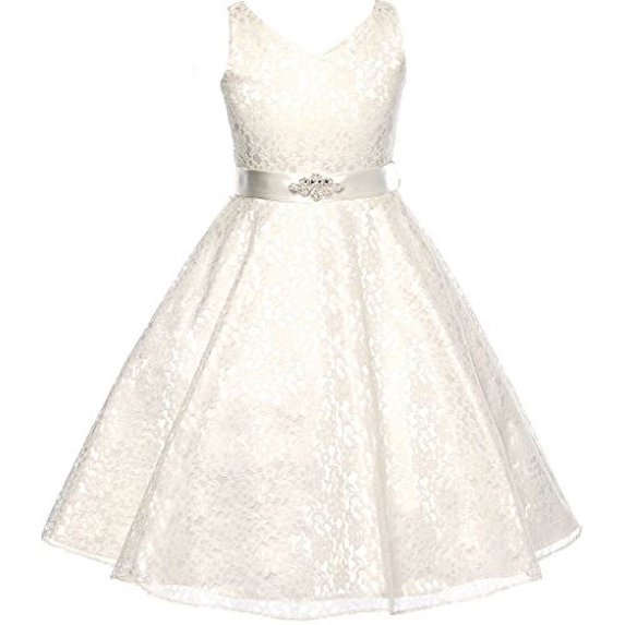 Little Girls Lace Floral Pattern Satin Sash Flowers Girls Dresses Off White 4