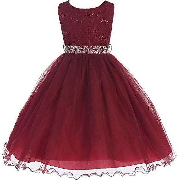 Little Girls Lace Sequin Top Rhinestone Belt Pageant Flower Girl Dress Burgundy 2 (J36K70)