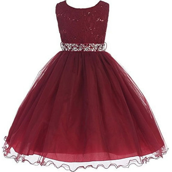 Little Girls Lace Sequin Top Rhinestone Belt Pageant Flower Girl Dress Burgundy 4 (J36K70)