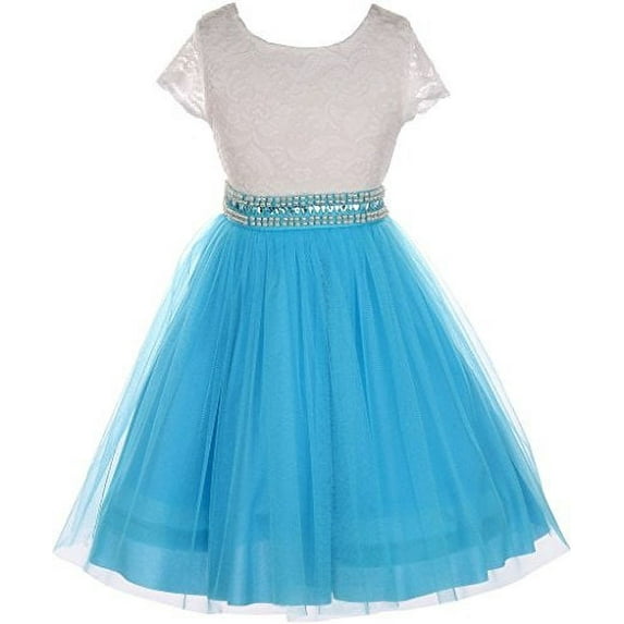 Little Girls Lace Top Rhinestone Pearl Special Flowers Girls Dresses Turquoise 2 (J20KS45)