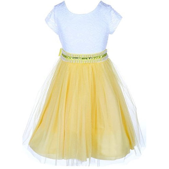 Little Girls Lace Top Rhinestone Pearl Special Party Flower Girl Dress Yellow 4 (J20KS45)