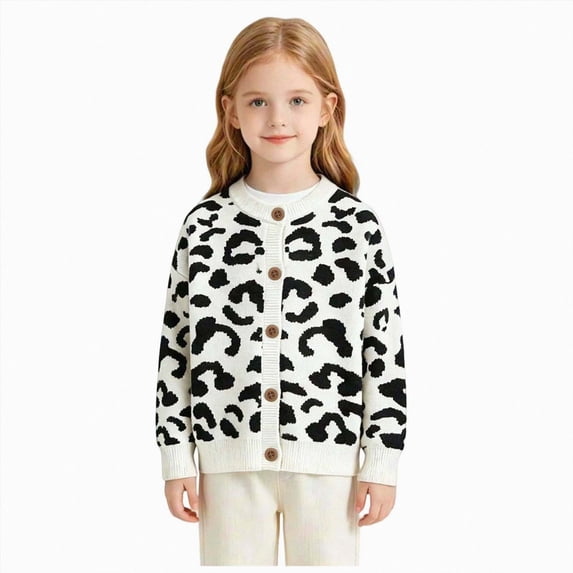 Little Girls Leopard Print Cardigan Knit Sweater Button Down Crew Neck ...