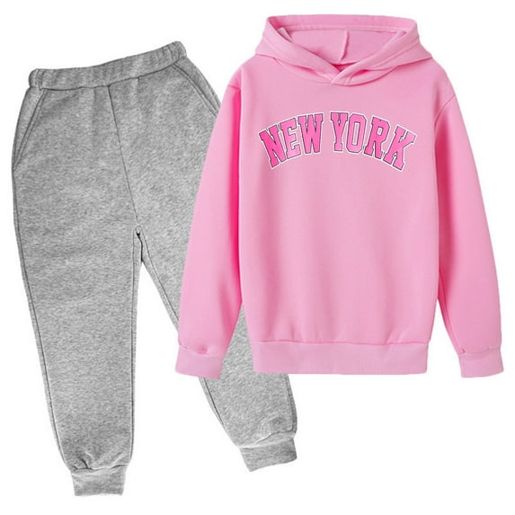 Little Girls Letter Print Hoodie Sweatpants Set Unisex New York Theme Casual Wear Tracksuit for Kids Size 8-10T