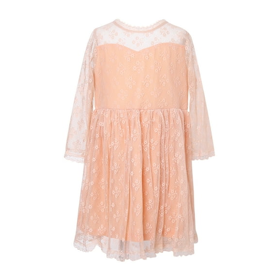 Little Girls Light Orange Lace Overlaid Long Sleeved Dress 3