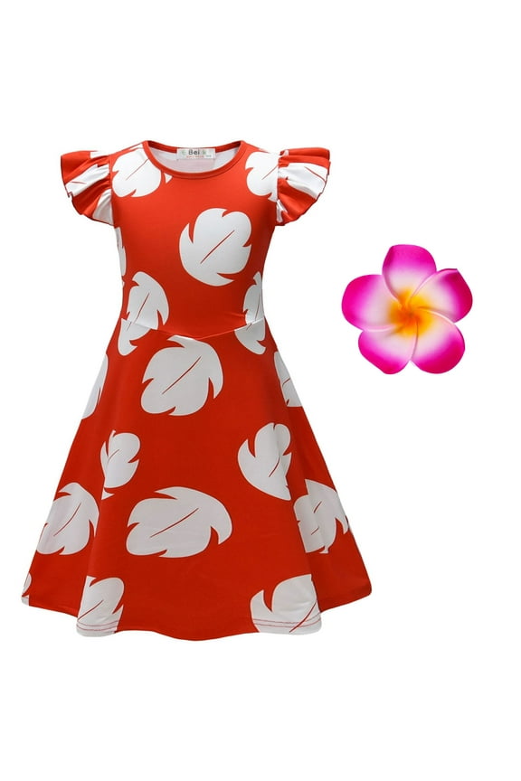Little Girls Hawaiian Leaf Dress w/Headband Hawaiian Cosplay Shirt Dress