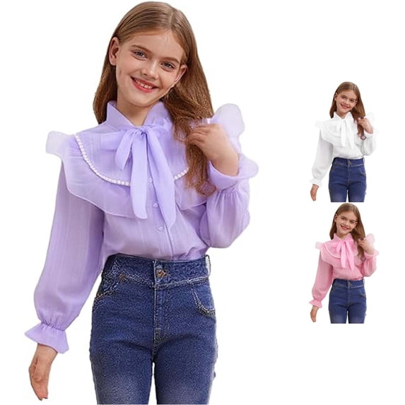 Little Girls' Long Sleeve Crew Neck Tee Shirt Elegant Ruffled Button Down Shirts School Top Tees Size 7-8T ,Purple