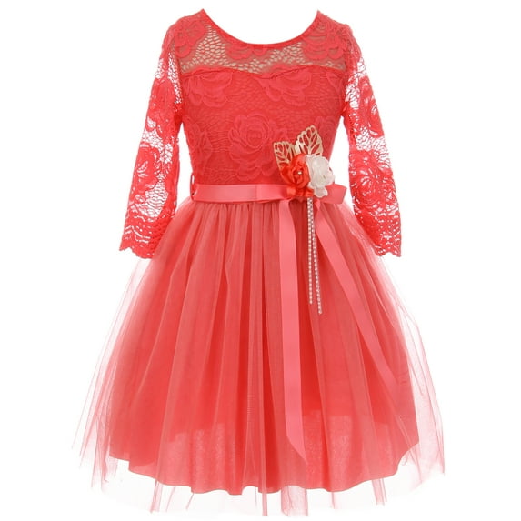 Little Girls Long Sleeve Girls Dress Floral Lace Corals Corsage Christmas Flower Girl Dress Coral 6 (J20KS98)