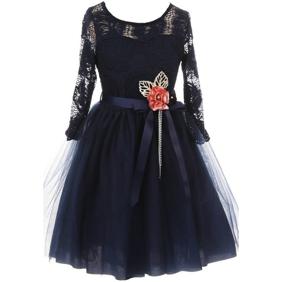 Little Girls Long Sleeve Girls Dress Floral Lace Roses Corsage Christmas Flower Girl Dress Navy 4 (J20KS98)
