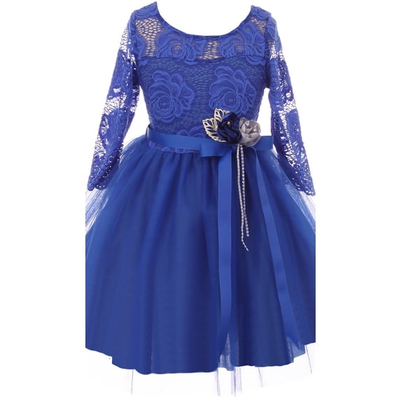 Little Girls Long Sleeve Girls Dress Floral Lace Roses Corsage Easter Flower Girl Dress Royal 4 (J20KS98)
