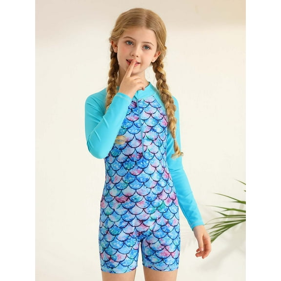 Little Girls Long Sleeve Rashguard One-Piece Swimsuit, Kids Zipper Swimwear Bathing Suit Beach Surfing