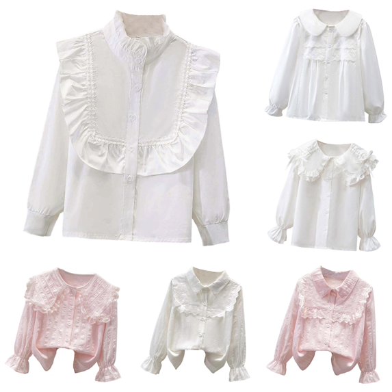 Little Girls Long Sleeve Shirts Elegant Ruffled Button Down Shirts School Tops Size 5-6T ,Multicolor