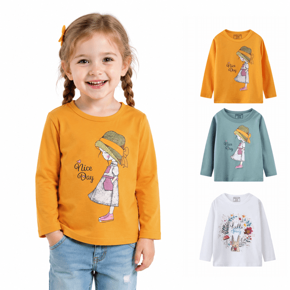 HILEELANG Little Girls Long Sleeve Graphic T-Shirts, 3-Pack Soft Cotton Crewneck Tees with Floral and Girl Prints, White Yellow Sizes 2T-7T