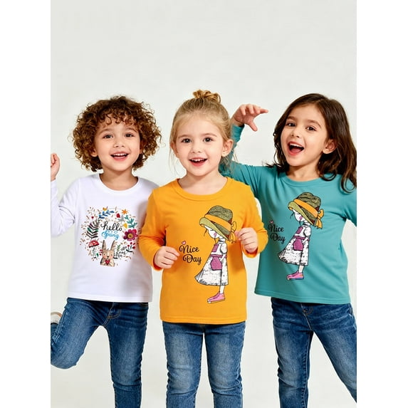 HILEELANG Girls' Long-Sleeve Tshirts Cotton Jersey Tunic T-Shirts Graphic Winter Casual Crewneck Yellow White Tunic Tops Tee Shirts Sets 3 Pack Size 7