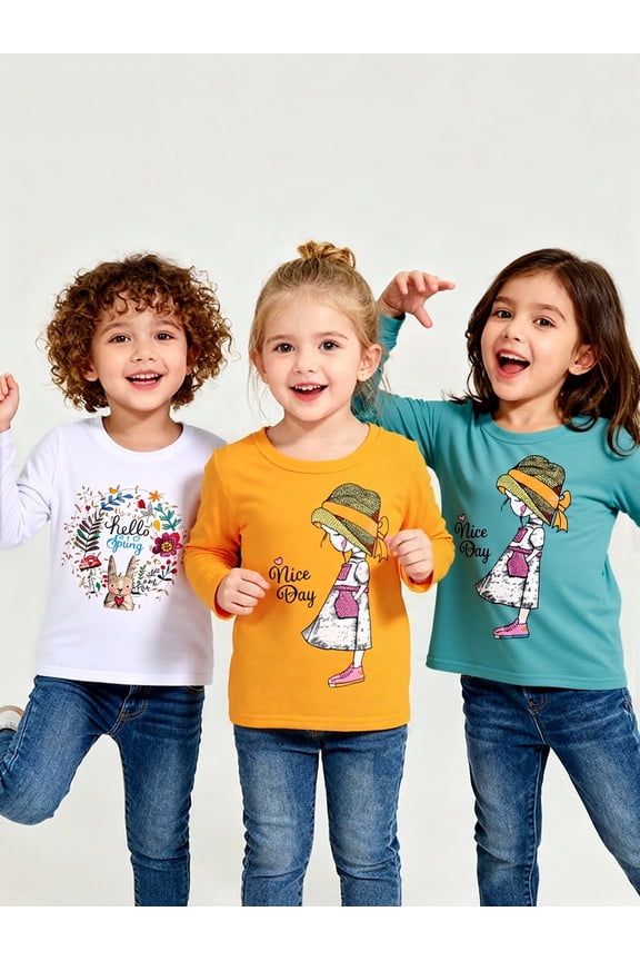 Girls' Long-Sleeve Tshirts Cotton Jersey Tunic T-Shirts Graphic Winter Casual Crewneck Yellow White Tunic Tops Tee Shirts Sets 3 Pack Size 7