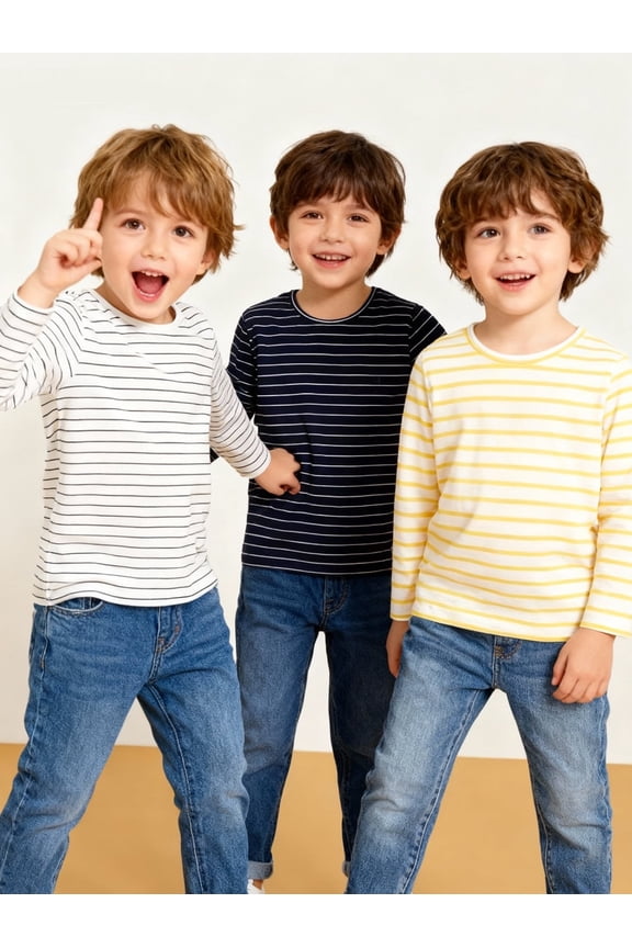 Girl Long Sleeve Tees Black White Blue Stripe Tops Shirts Cotton Casual Crewneck Jersey Tunic T-Shirts 3 Packs Sets Size 7