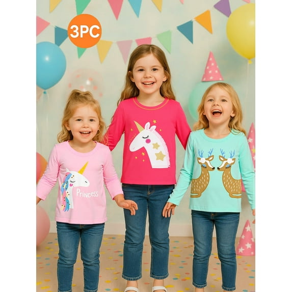 Kids Girl Long Sleeve Tee Shirt 3 Pack Unicorn Elk Reindeer Graphic Winter Cotton Casual Crewneck T-Shirts Sets Size 7