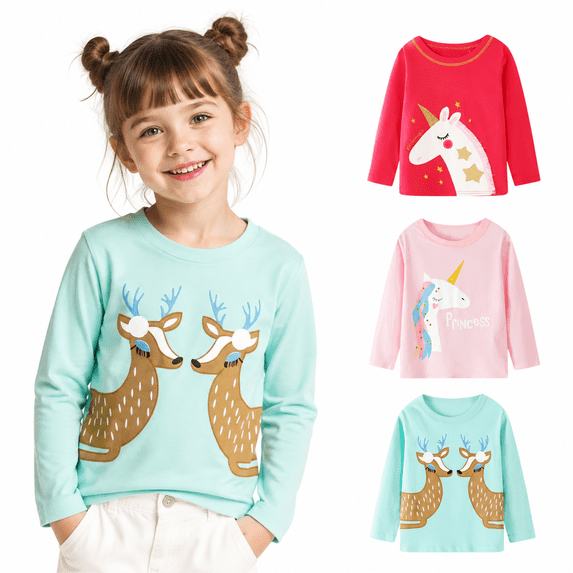 HILEELANG Little Girls Long Sleeve Graphic T-Shirts, 3-Pack Soft Cotton Crewneck Tees with Unicorn and Reindeer Prints, Pink Fuchsia Aqua 2T-8T