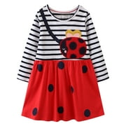 Little Girls Long sleeved Dresses Christmas Casual Winter Cotton Casual Cute Party Cartoon Animal Ladybug Pattern Dress 5Y