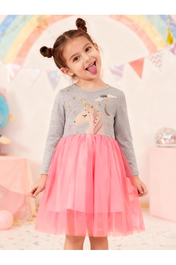 toddle Girls Long sleeved Dresses Christmas Casual Winter Cotton Casual Cute Party Cartoon Animal Unicorn Pattern Dress 2Y