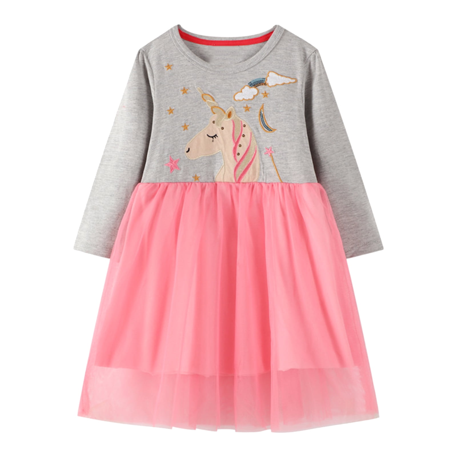 Little Girls Long sleeved Dresses Christmas Casual Winter Cotton Casual Cute Party Cartoon Animal Unicorn Pattern Dress 4Y