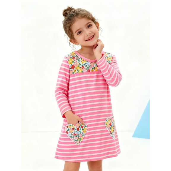 HILEELANG little Girls Long sleeved Dresses Christmas Casual Winter Cotton Casual Cute Party Cartoon Striped printing Pattern Dress 7Y