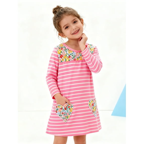 HILEELANG little Girls Long sleeved Dresses Christmas Casual Winter Cotton Casual Cute Party Cartoon Striped printing Pattern Dress 7Y