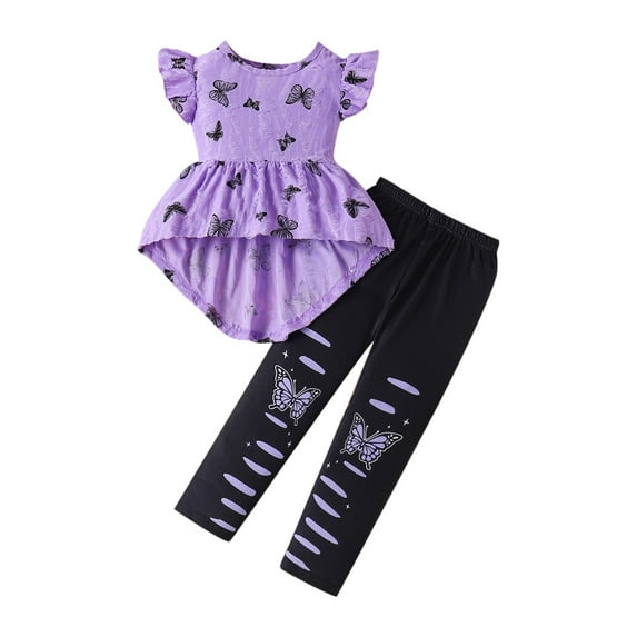 Little Girls Lounge Wear 2 Piece Butterfly Outfits Flutter Peplum Tunic Tops Pants School Casual Fashion Toddler Clothes 6 Years, Purple
