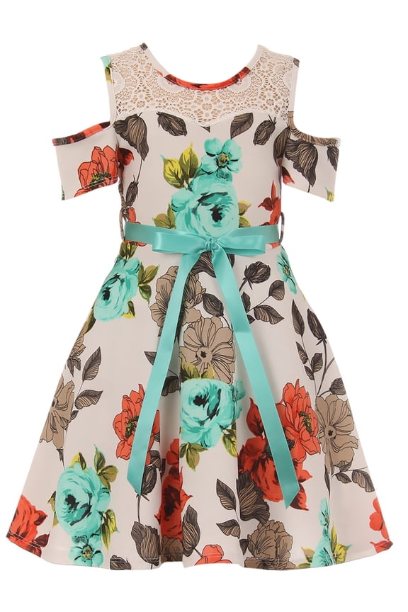 Little Girls Lovely Cold Shoulder Lace Floral Birthday Party Flower Girl Dress Off White 4 (2J1K2S3)