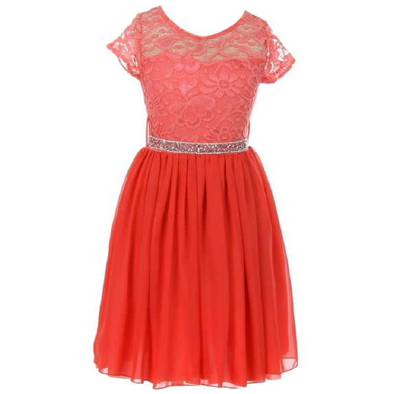 Little Girls Lovely Floral Lace Chiffon Sparkling Rhinestone Flowers Girls Dresses Coral 2 (J20KS53)