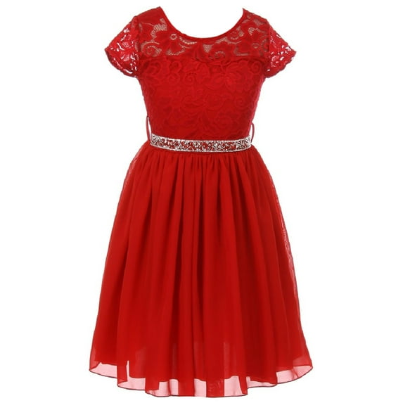 Little Girls Lovely Floral Lace Chiffon Sparkling Rhinestone Flowers Girls Dresses Red 2 (J20KS53)