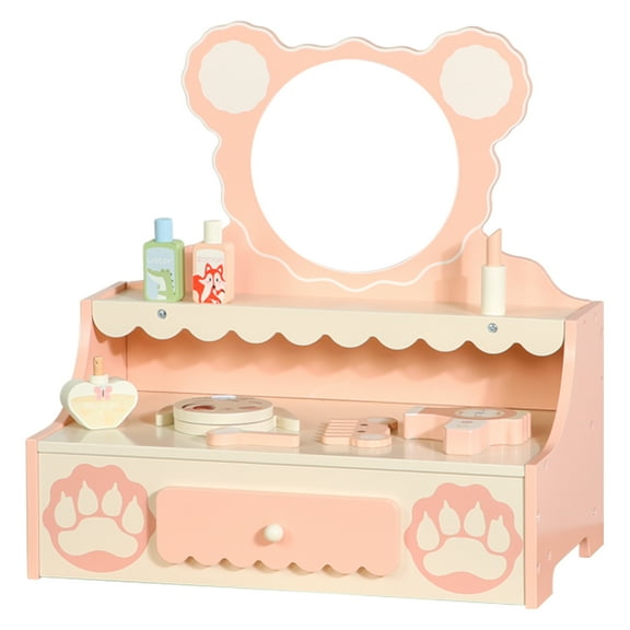 Little Girls' Makeup Table with Mirror,Kids Vanity Set with Storage Drawer,Toddler Pretend Play Vanity Desk with 8 Makeup Accessories,Princess Vanity for 3+ Years Old Kids