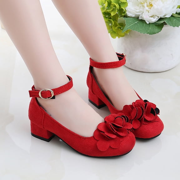 Little Girls Mary Jane Shoes Low Heel Princess Flower Wedding Party Dress Pump Sandals Shoes for Kids (32,Red)