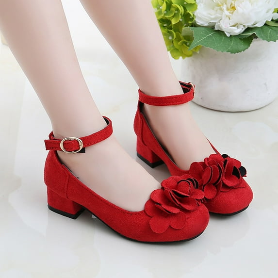 Little Girls Mary Jane Shoes Low Heel Princess Flower Wedding Party Dress Pump Sandals Shoes for Kids (35,Red)