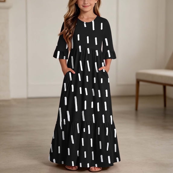 Little Girls Maxi Dress 4-14 Years Ruffle Half Sleeve Round Neck Floral Print Tiered Long Dress with Side Pockets Black J 7-8 Years