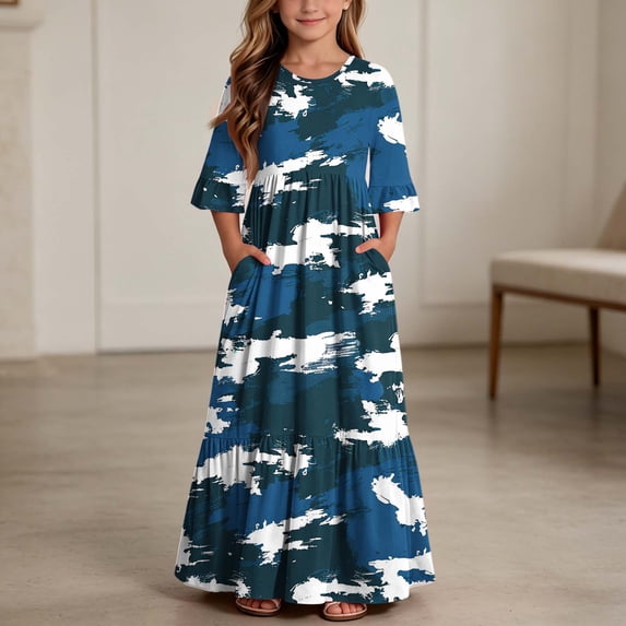 Little Girls Maxi Dress 4-14 Years Ruffle Half Sleeve Round Neck Floral Print Tiered Long Dress with Side Pockets Blue F 7-8 Years