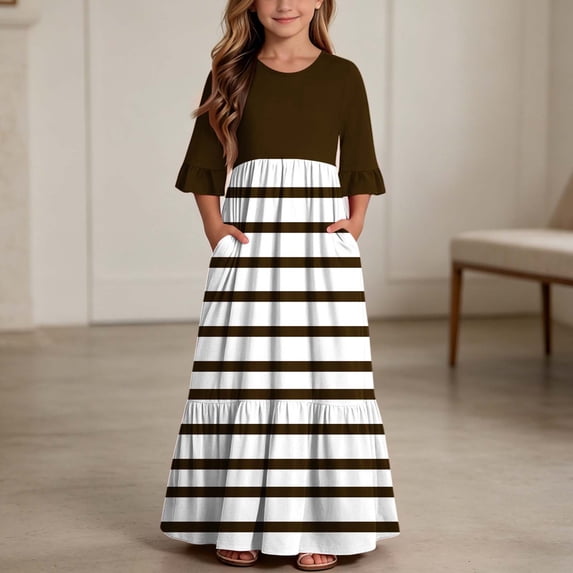 Little Girls Maxi Dress 4-14 Years Ruffle Half Sleeve Round Neck Floral Print Tiered Long Dress with Side Pockets Brown H 13-14 Years