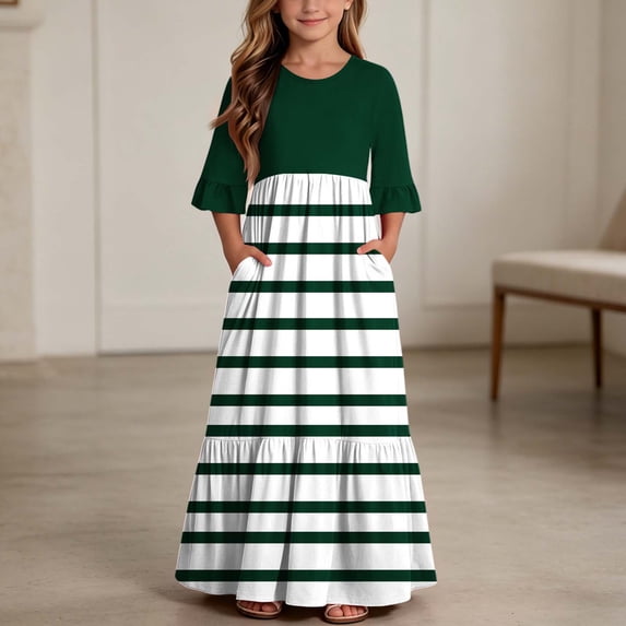 Little Girls Maxi Dress 4-14 Years Ruffle Half Sleeve Round Neck Floral Print Tiered Long Dress with Side Pockets Green H 4-5 Years