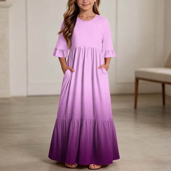 Little Girls Maxi Dress 4-14 Years Ruffle Half Sleeve Round Neck Floral Print Tiered Long Dress with Side Pockets Pink O 7-8 Years