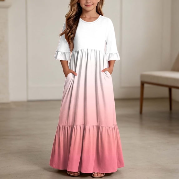 Little Girls Maxi Dress 4-14 Years Ruffle Half Sleeve Round Neck Floral Print Tiered Long Dress with Side Pockets Pink P 13-14 Years