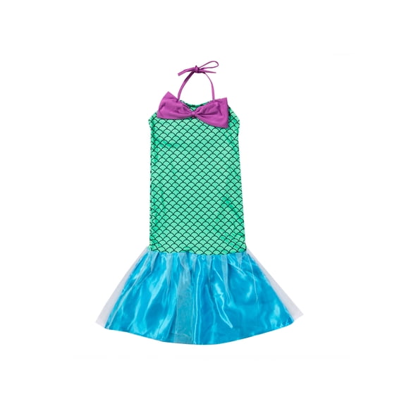 Little Girls Mermaid Cospaly Dress Hanging Neck Bowknot Fish Tail Mesh Ruffle Hem Dress Fish Scale Pattern