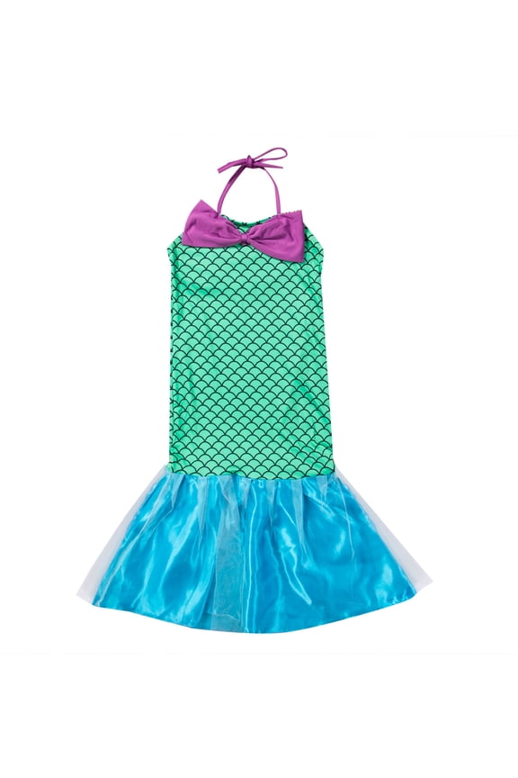 Little Girls Mermaid Cospaly Dress Hanging Neck Bowknot Fish Tail Mesh Ruffle Hem Dress Fish Scale Pattern
