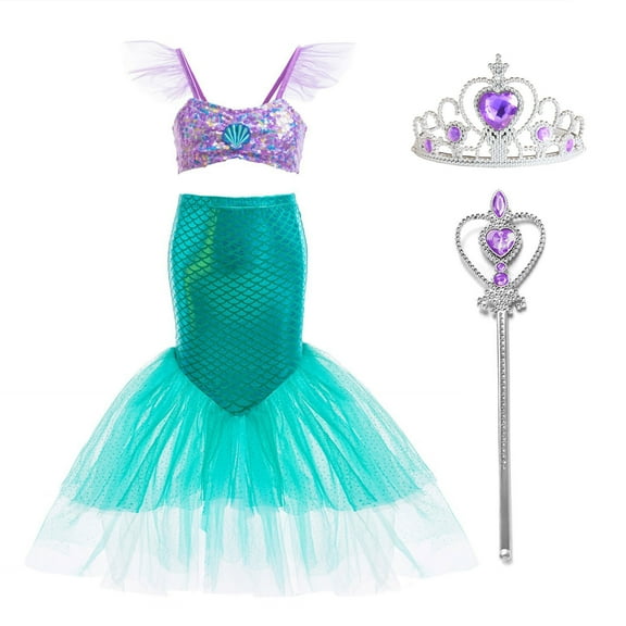 Little Girls Mermaid Costume Halloween Princess Dress up with Accessories, Size 6-7Y